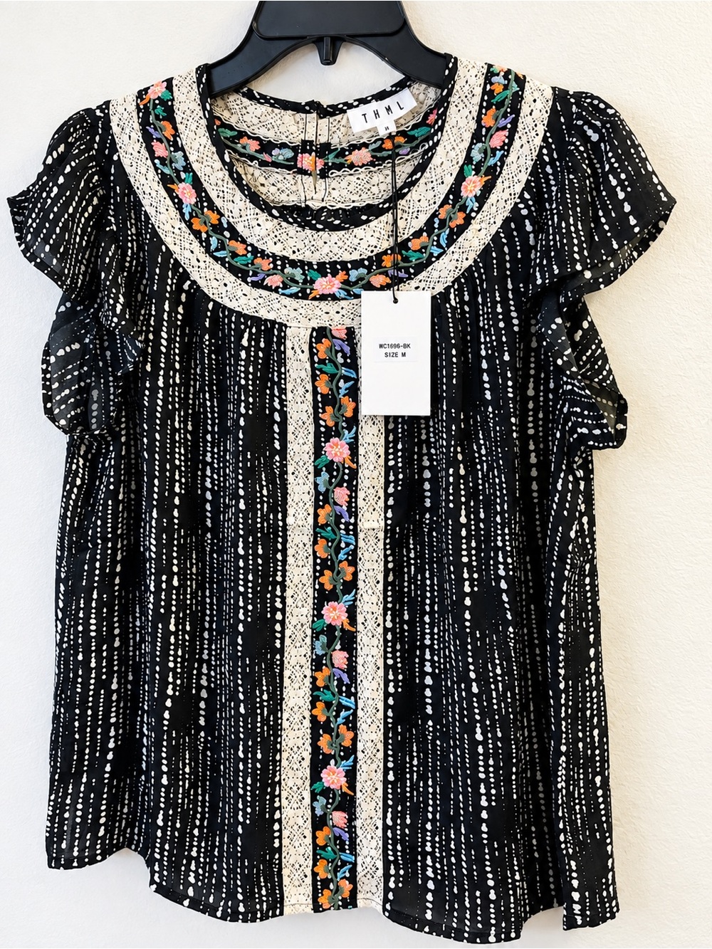 THML Black Embroidered Flutter Sleeve Blouse with Cream Lace
